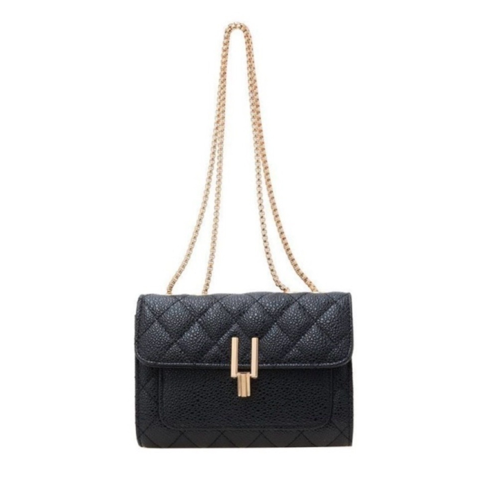 Black Quilted Crossbody Bag Stitched PU Leather Twist Lock Elegant New